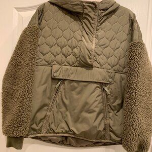 Zara Women Puffer Jacket Orange Lining with Fleece arms with Hood Brown Sz S